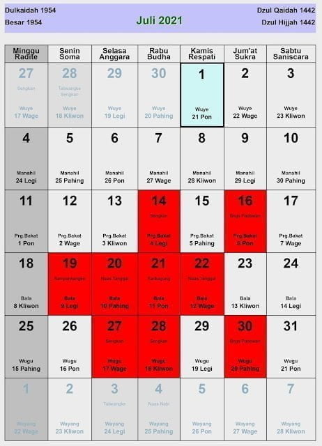 Kalender Jawa Juli Lengkap Hari Baik Jelek